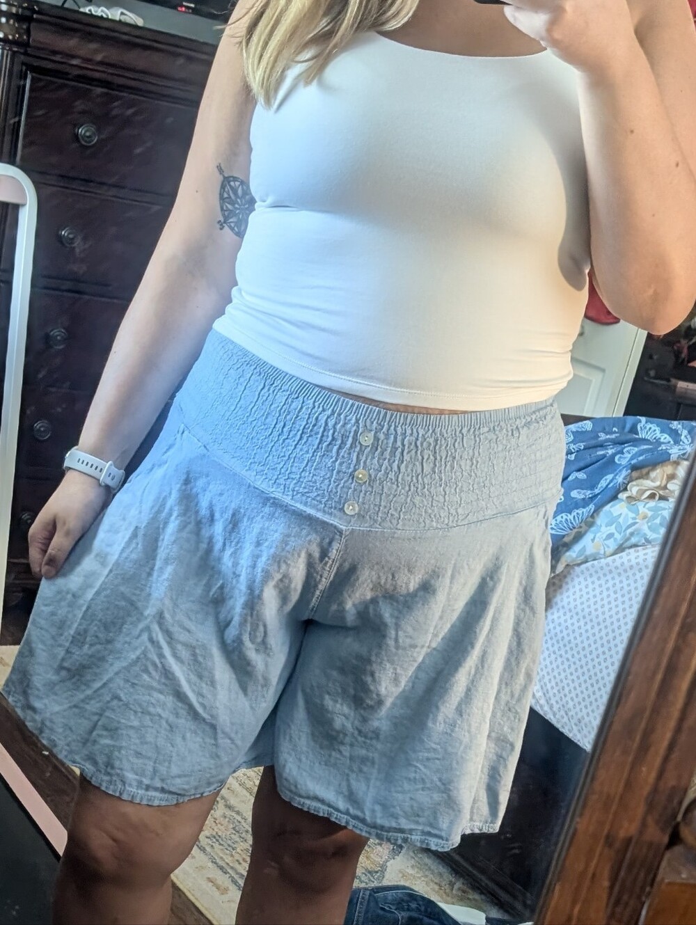 Kaktus Light Blue Linen Smocked Waist Bermuda Shorts